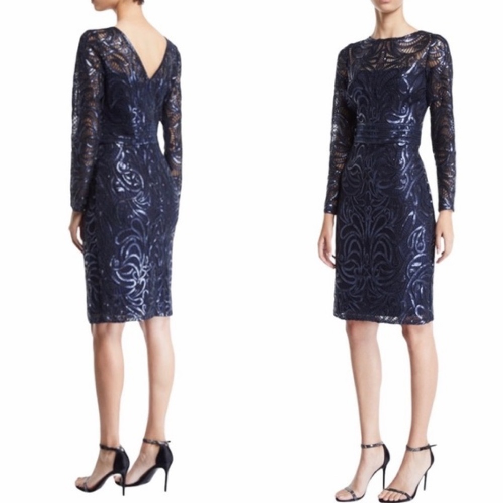NWT Tadashi Shoji Sequin Swirl Long-Sleeve Dress in Navy Size 12